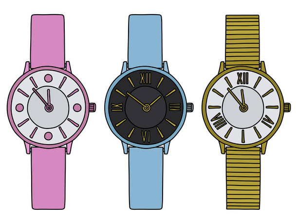 The hand drawing of three color wonans wrist watches - Vector, Image