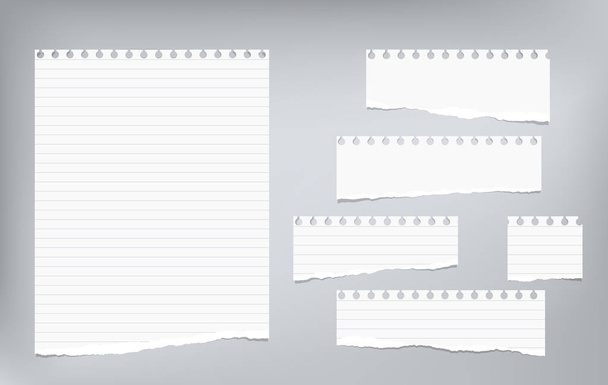 White lined note, notebook paper strips with torn edges stuck on grey background. Vector illustration. - Vector, Image