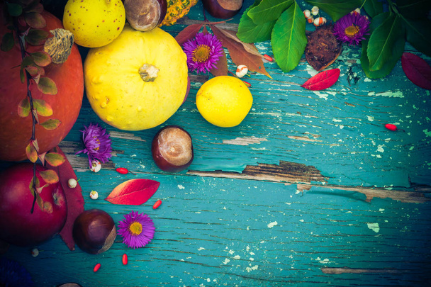 Autumnal background with fruits and seasonal crops - Photo, Image