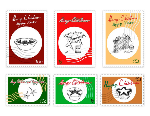 Joyeux Noël, timbres-poste Série d'illustrations Esquisse dessinée à la main de divers styles de tartes à la menthe, de mangeoire et de cheminée. Signe pour commencer la célébration de Noël
.  - Vecteur, image