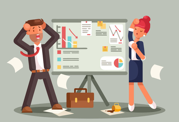 Stressed business people looking at a bad results chart. Business fail. Graph down vector flat illustration - Vector, Image