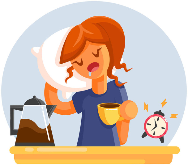 Caricatura Mujer bostezante somnolienta cansada con taza de café. Ilustración de vector de estilo plano
 - Vector, Imagen