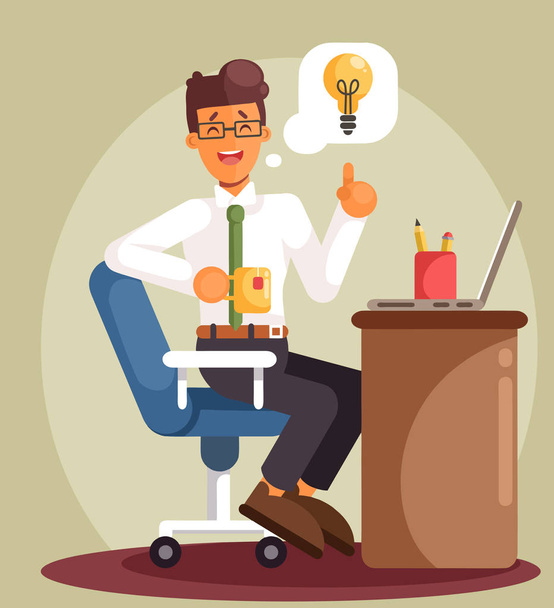 Businessman working on the computer and waiting for a good idea. Cartoon flat style vector illustration - Vector, Image
