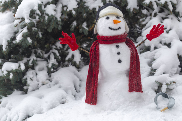 снеговик в лесу в рождественской одежде, рядом с ёлкой
 - Фото, изображение