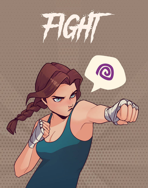 Poszter, kártya vagy póló nyomtatni dühös boksz lány boksz kötszerek. Trendi anime stílusú vektoros illusztráció - Vektor, kép