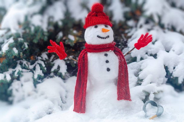 sneeuwpop in het woud in kerst kleding, naast de boom - Foto, afbeelding