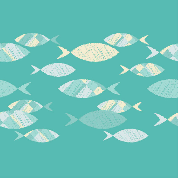 Seamless pattern with fishes in the sea. Cute cartoon. Brushwork. Hand hatching. Doodle. Can be used for wallpaper, textile, invitation card, wrapping, web page background. - Vecteur, image