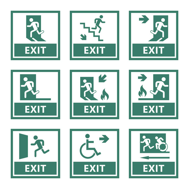 conjunto de señales de salida de emergencia, etiquetas de salida de incendios - Vector, Imagen