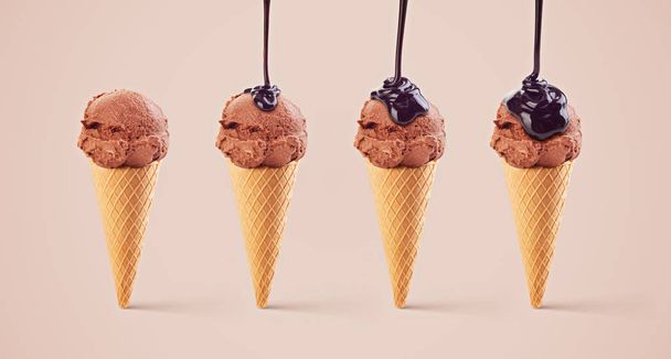 ice cream in waffle cup with poured chocolate set - Zdjęcie, obraz