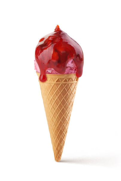 waffle cup ice cream watered with strawberry jam - Photo, Image