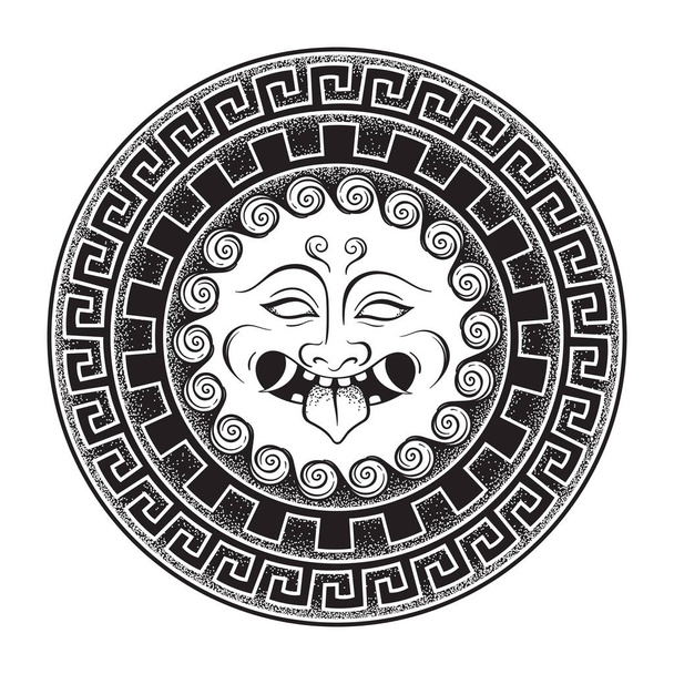 Głowa gorgony Meduzy na tarczy ręcznie rysowanej sztuki i kropka tatuaż pracy lub Drukuj ilustracja wektorowa na białym tle. Gorgoneion jest ochronny amulet - Wektor, obraz