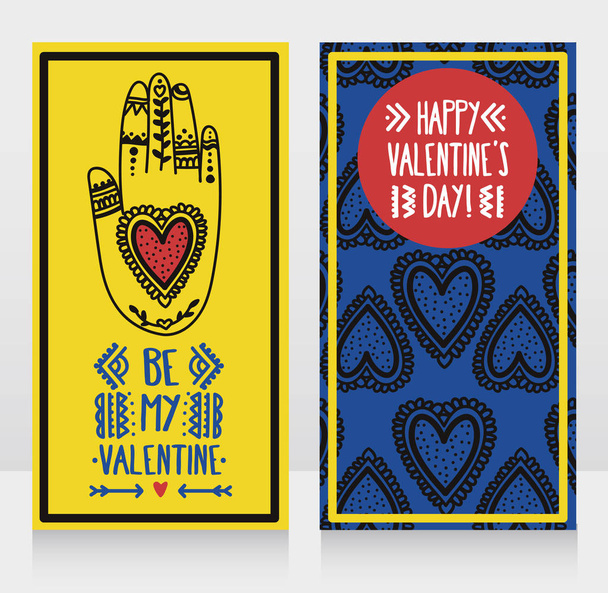 two cards for valentine's day with tattooed hand, can be used as invitations for boho style valentine party, doodle vector illustration - Вектор, зображення