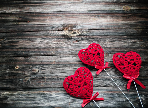 love valentine's day red heart gift copy space on wooden background - 写真・画像