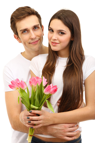 Loving couple with tulips isolated on white - Foto, imagen