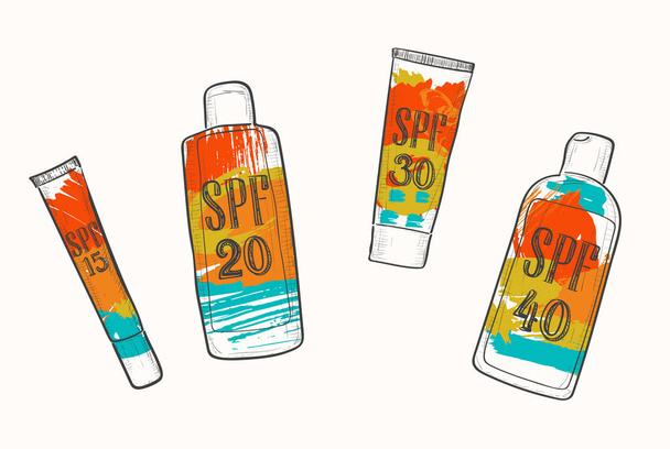 Set with SPF sunscreen cosmetics, sketch in doodle style. Sun protection factor for summer face and body care, icons with bright grunge watercolor stains. Fashion and beauty concept - Vector, Image