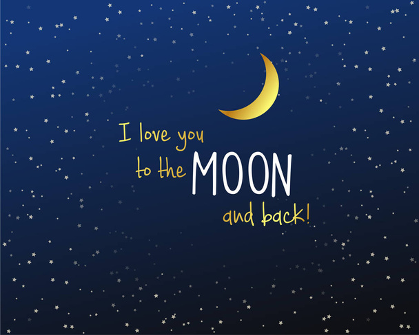 Dark blue sky with lots of stars with golden text and moon vector illustration background. - Vecteur, image