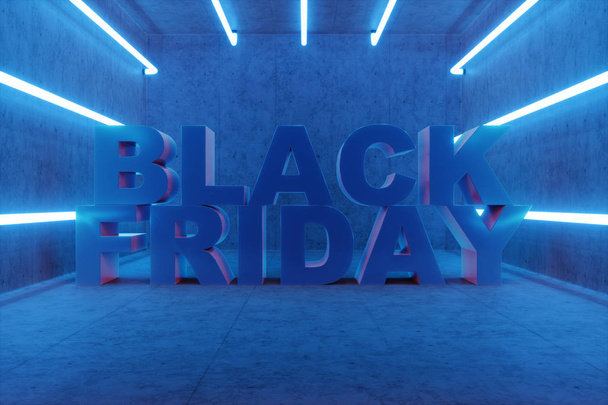 3D illustration Black Friday, sale message for shop. Business shopping store banner for Black Friday. Modern design. 3d text black friday inside the box, boxes with neon lamps with blue glow. - Photo, image