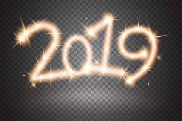 2019 sparkler sign. Firework sign isolated on transparent background. Sparkling symbol of New Year. Applicable for banner, flyer, poster. Vector illustration - Διάνυσμα, εικόνα