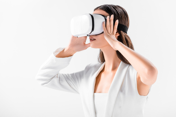 close up of adult woman holding virtual reality headset isolated on white - Photo, image