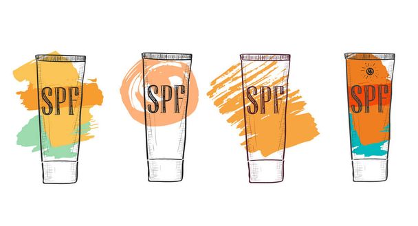 Set with SPF sunscreen cosmetics cream, sketch in doodle style. Sun protection factor for summer face and body care, icons with bright grunge watercolor stains. Fashion and beauty concept - Vector, Image