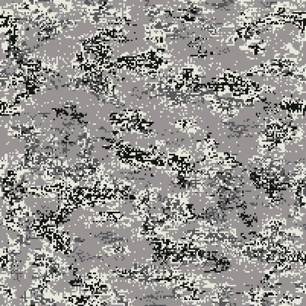 Digital urban camouflage. Seamless pattern incorporating tiny pixels of black, white and dark gray on a light gray background. - Vector, Image