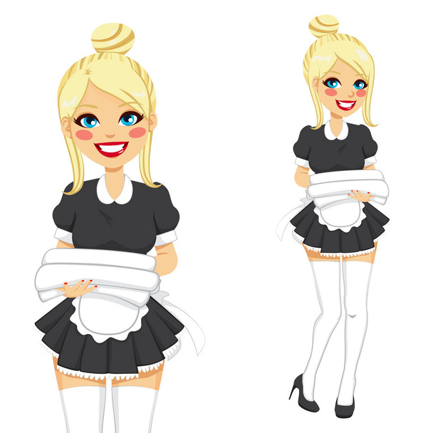 Blonde sexy woman with vintage maid service dress holding white towels smiling - Vektor, Bild