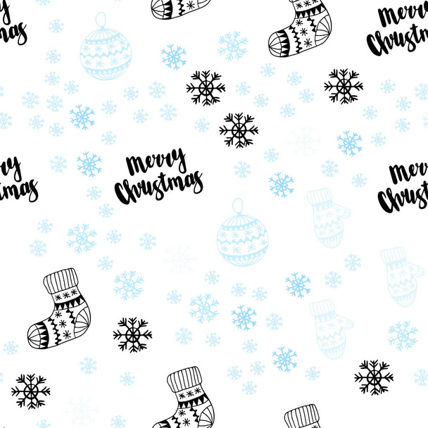 Φως μπλε διάνυσμα απρόσκοπτη διάταξη με φωτεινά νιφάδες χιονιού, μπάλες, κάλτσες, γάντια. Πολύχρωμο διακοσμητικό σχεδιασμό σε στιλ Χριστούγεννα. Υφή για στόρια, κουρτίνες. - Διάνυσμα, εικόνα