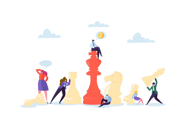チェスをするキャラクター。事業計画と戦略の概念。ビジネスマンとチェスの駒を持つビジネスマン。競争とリーダーシップ。ベクターイラスト - ベクター画像