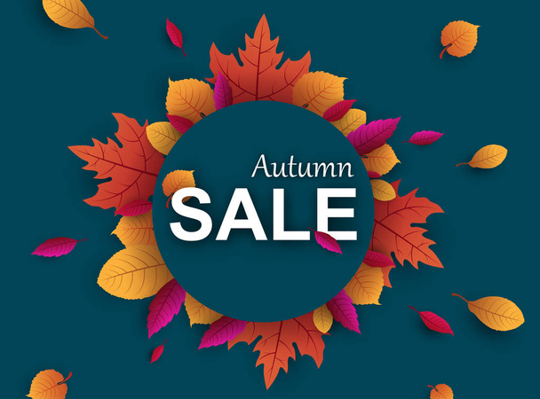 Blue autumn sale promo poster with beautiful leaves.  - Διάνυσμα, εικόνα