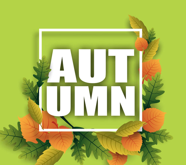 Green autumn card with beautiful golden leaves.  - Vektori, kuva