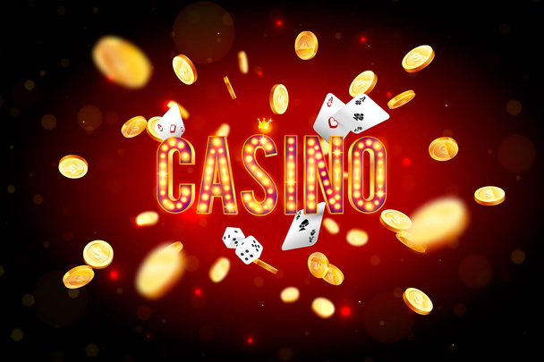 The word Casino, surrounded by a luminous frame and attributes of gambling, on a explosion background. The new, best design of the luck banner, for gambling, casino, poker, slot, roulette or bone. - Vektor, kép