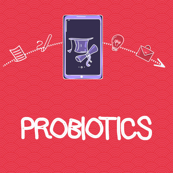 プロバイオティクスのテキストの書き込みを単語します。その利点のために体に生きたバクテリアのビジネス コンセプト微生物のホスト - 写真・画像