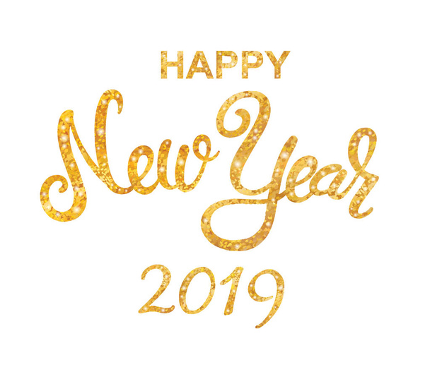 New year 2019 greeting card with bright gold lettering. Golden texture effect vector lettering for banners or card on a white background. Calligraphic hand drawn font. Font composition - Vector, Image