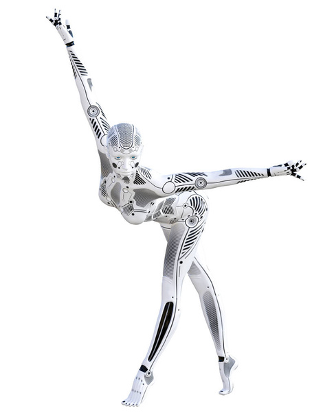 Dance robot woman. Metal droid. Artificial Intelligence. Conceptual fashion art. Realistic 3D render illustration. Studio, isolate, high key. - Photo, image
