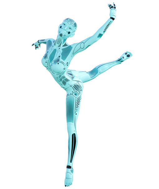 Dance robot woman. Metal azure droid. Artificial Intelligence. Conceptual fashion art. Realistic 3D render illustration. Studio, isolate, high key. - Фото, зображення