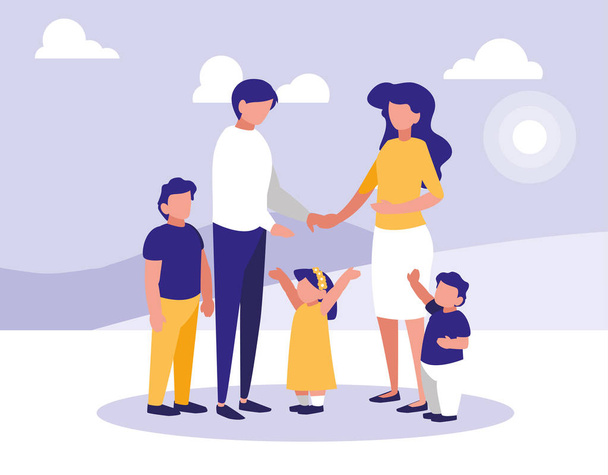 cute family with lanscape icon - Vector, Image