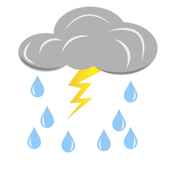 Grey rain cloud with lightning and raindrops. Vector design element isolated on light background. - Vector, imagen