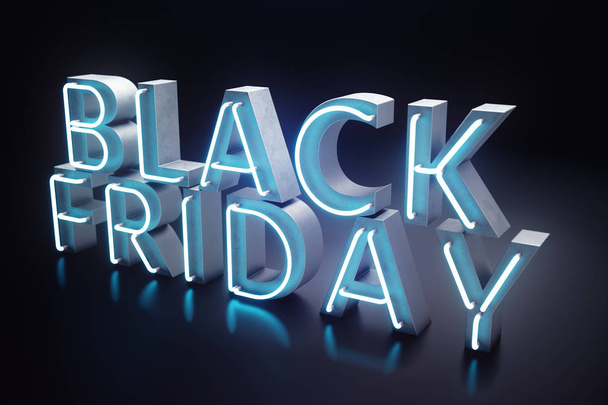 Black Friday - yılın en beklenen satış. Neon mavi 3d afiş. Büyük indirimler. Sadece yılda bir kez, en büyük indirimler. Satış, sevinç, başarı, 3d çizim - Fotoğraf, Görsel