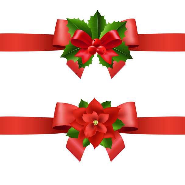 Red Ribbons With Holly Berries, Vector Illustration - Διάνυσμα, εικόνα