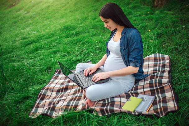 Portret szczęśliwy czarne włosy i dumni, że kobieta w ciąży w parku. Kobieta model siedzi na trawie i działa na komputerze - Zdjęcie, obraz