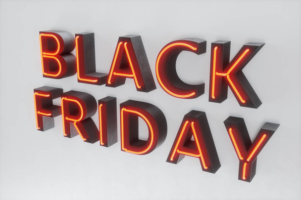 Fekete péntek - péntek-val egy nagy eladó. Értékesítés, öröm, siker Neon piros zászló, kedvezmények, 3D-s illusztráció - Fotó, kép