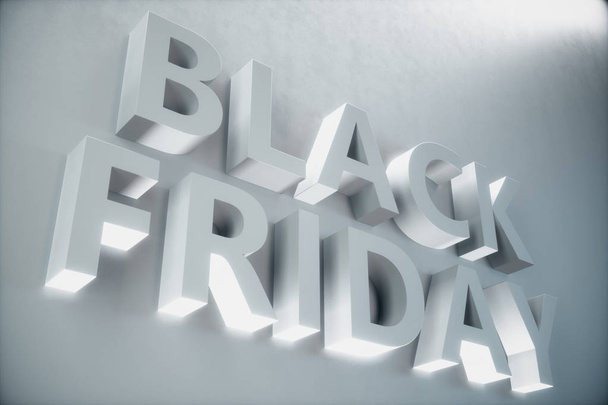 Černý pátek - nejvíce očekávaný prodej roku. 3D bílá Nápis, text na bílé zdi. Grand slevy. Jen jednou za rok, maximální slevy. Prodej, radost, úspěch, 3d obrázek - Fotografie, Obrázek
