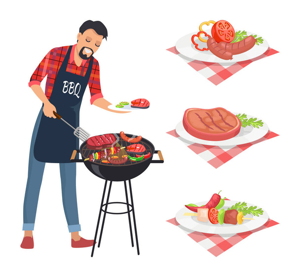 Barbacoa Barbacoa Hombre Grilling Carne Vector Ilustración
 - Vector, Imagen