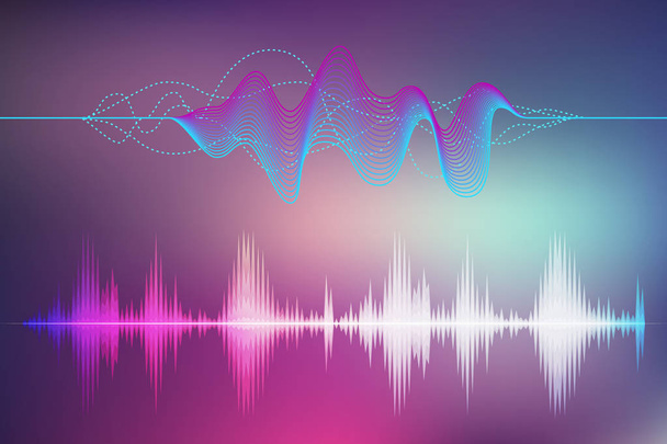 Sound and radio wave set. Icon of earthquake vibration, human pulse, audio digital record. Neon background and lines. Vector illustration, eps 10. - Vector, Image