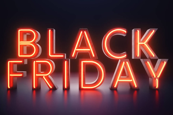 Black Friday - A venda mais esperada do ano. Banner 3D vermelho néon. Grandes descontos. Apenas uma vez por ano, descontos máximos. Vendas, alegria, sucesso, ilustração 3D
 - Foto, Imagem