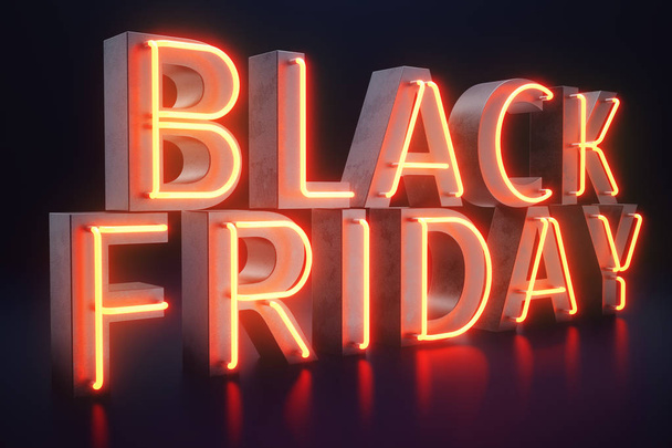 Black Friday - The Most Expected Sale of the Year. Neon Red 3D banner. Grand Discounts. Only once a year, maximum discounts. Sales, joy, success, 3D illustration - Photo, Image
