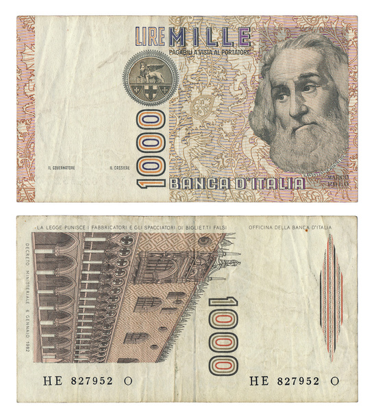 Nota de dinero de 1000 liras italiana descontinuada
 - Foto, imagen