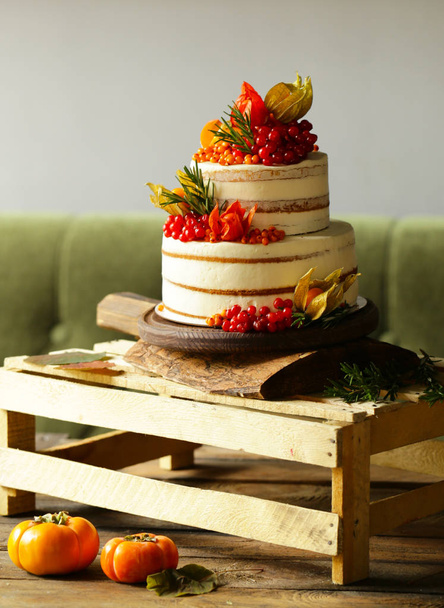 festive cake with autumn decor for thanksgiving day - Фото, изображение