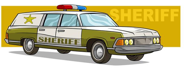Rajzfilm zöld sheriff retro autó arany jelvény - Vektor, kép