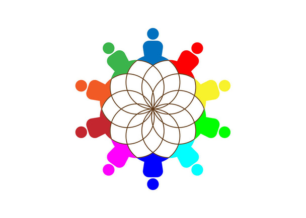 Group people Yoga Studio Logo and Lotus Flower. Emblem icon, Concept of group of people meeting collaboration great work and Meditation Harmony. Vector illustration isolated or white background. - Vector, Image